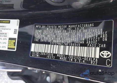 2021 Toyota Corolla Le из США, поврежденный, VIN 5YFEPMAE7MP188949